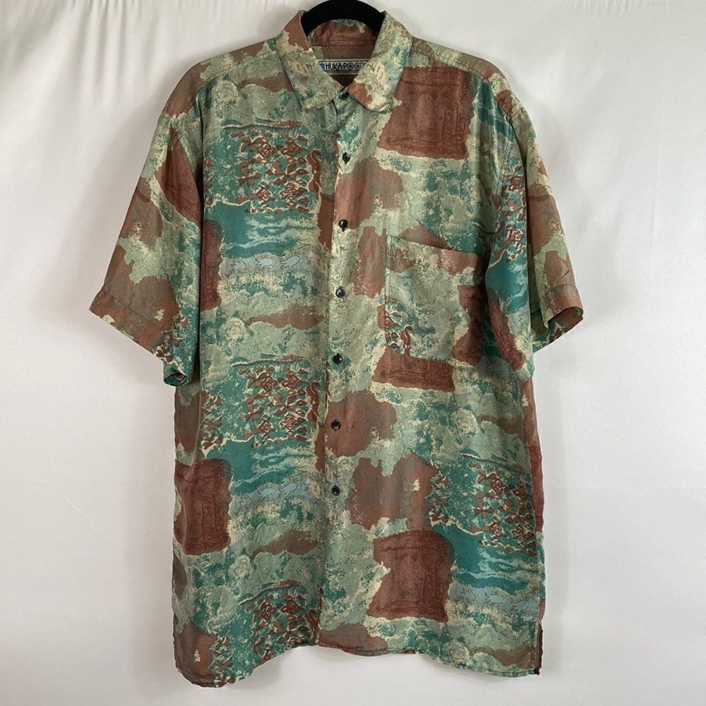 Huk-A-Poo Vintage 70s 100% silk short sleeve button down shirt size L